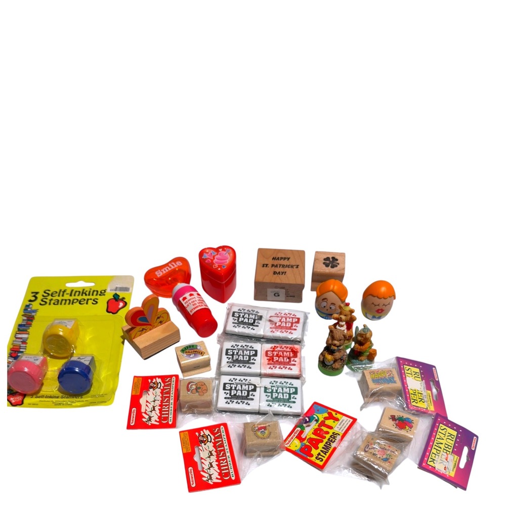 Vtg Mini Stamp Lot 90s Kidcore Holiday Sports Bear Egg Head Craft Set 19 +Pads